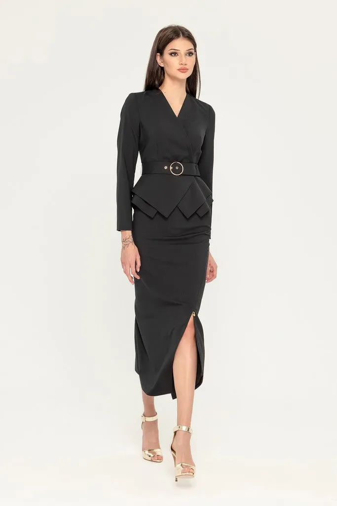 Black Office Suit (Long Sleeve Jacket & Pencil Skirt) with Belt