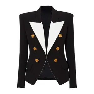 Black Slim-Fit Jacket With Rose Gold Buttons Coat and Mini Skirt