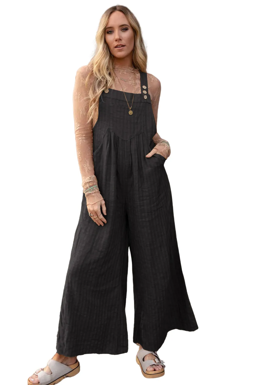 Black Striped Pleated Wide Leg Pocketed Jumpsuit