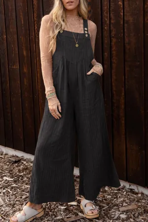 Black Striped Pleated Wide Leg Pocketed Jumpsuit