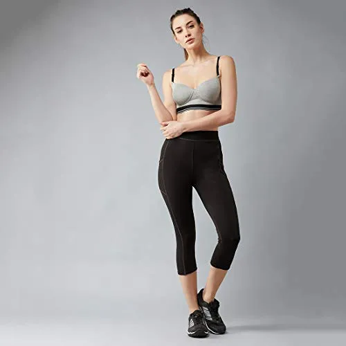 BLINKIN Yoga Gym Workout and Active Sports Fitness Activewear 3/4th Skinny Fit Capri Tights for Women|Girls with Side Pockets(015,Black with Grey Contrast Thread,Size_L)