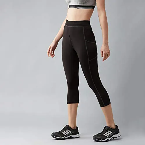 BLINKIN Yoga Gym Workout and Active Sports Fitness Activewear 3/4th Skinny Fit Capri Tights for Women|Girls with Side Pockets(015,Black with Grey Contrast Thread,Size_L)