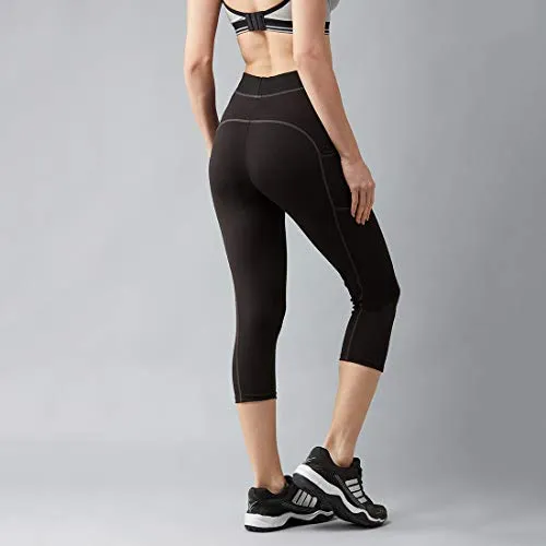 BLINKIN Yoga Gym Workout and Active Sports Fitness Activewear 3/4th Skinny Fit Capri Tights for Women|Girls with Side Pockets(015,Black with Grey Contrast Thread,Size_L)