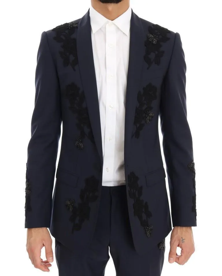 Blue Crystal Bee Roses Wool Stretch Suit