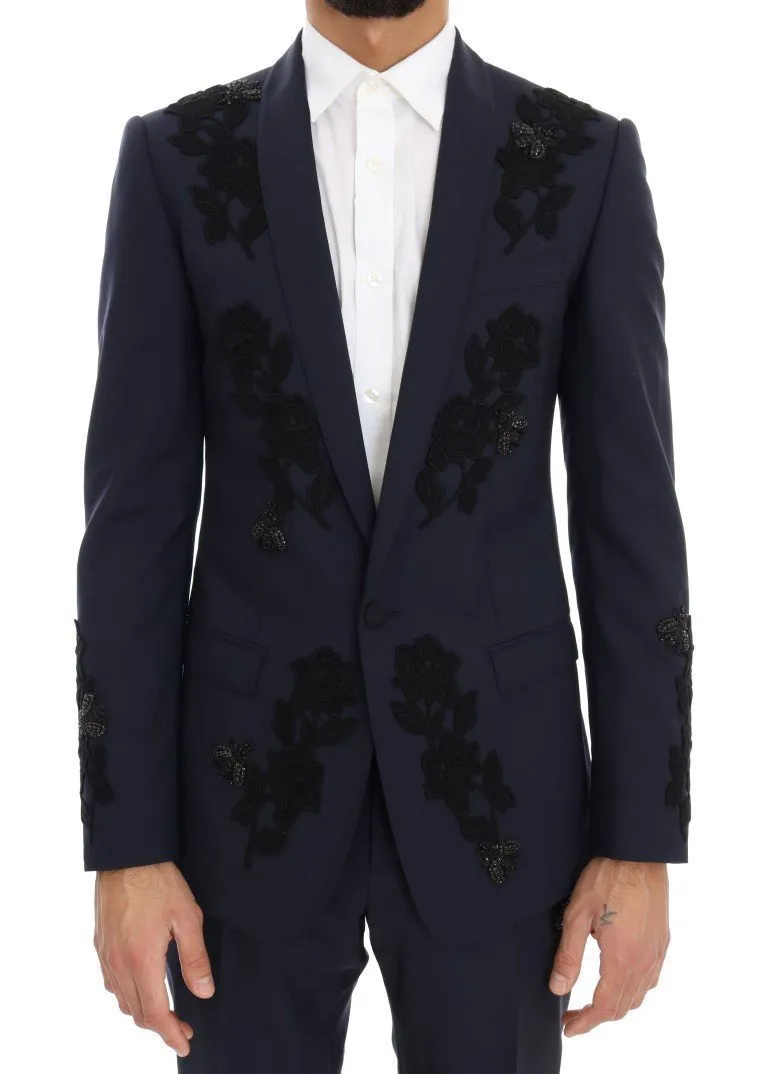 Blue Crystal Bee Roses Wool Stretch Suit