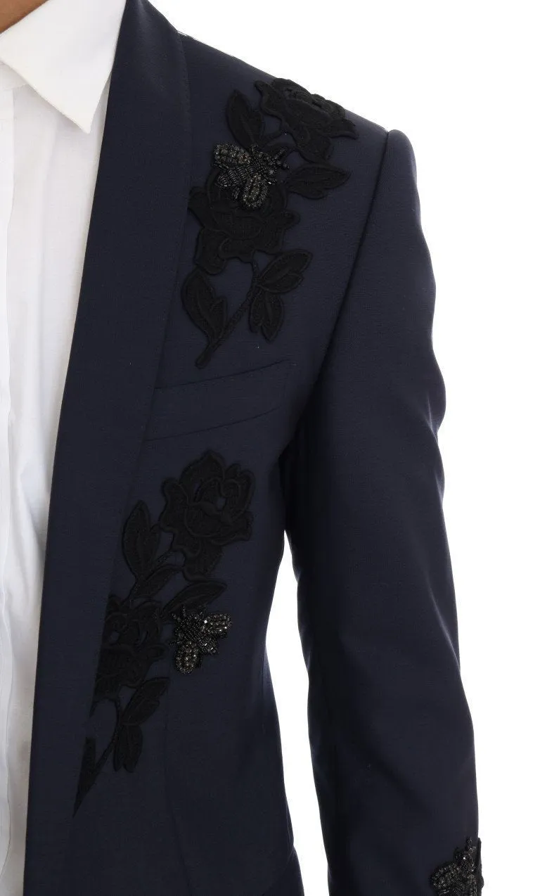 Blue Crystal Bee Roses Wool Stretch Suit