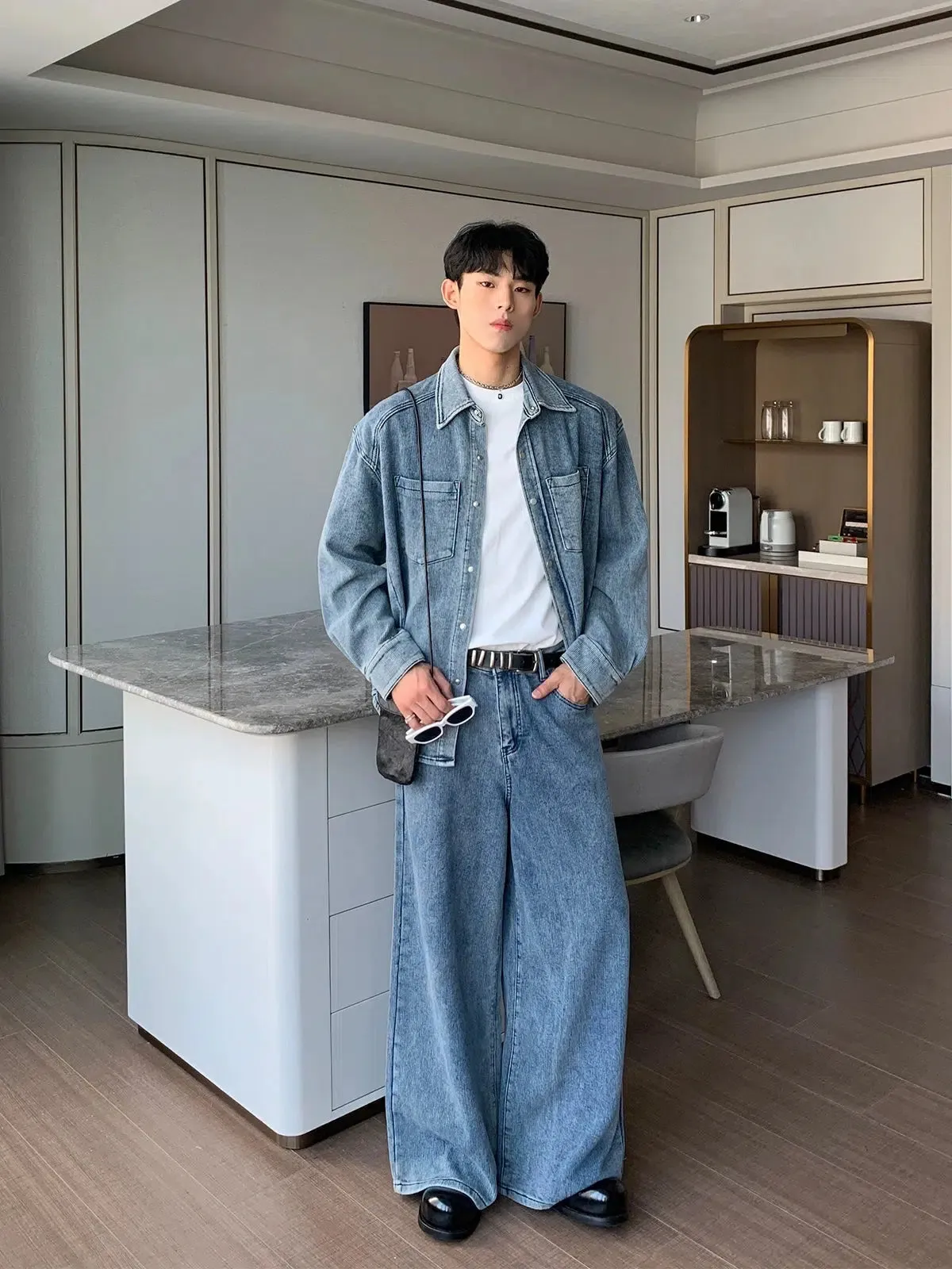 Blue Deconstructed Denim Jacket Pants Suit