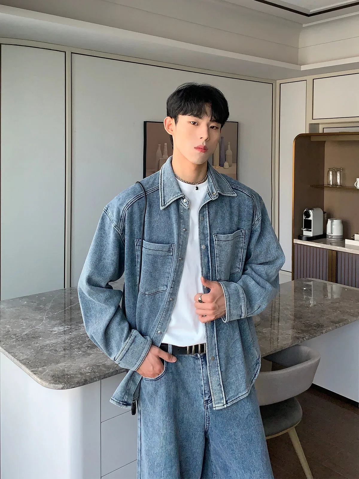 Blue Deconstructed Denim Jacket Pants Suit