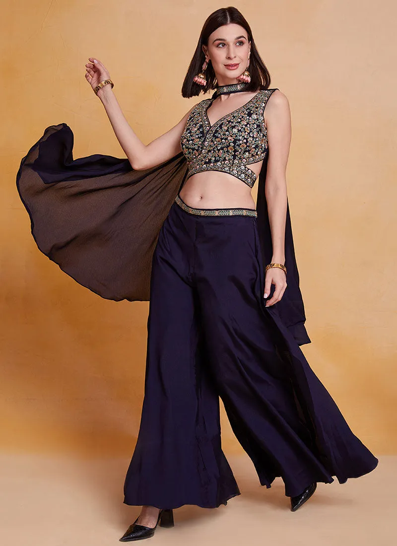 Blue Multi Handwork Embroidery Designer Co-Ord Palazzo Set