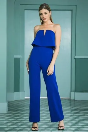 Blue Sexy Off Shoulder Wide Leg Ruffle Strapless Jumpsuit