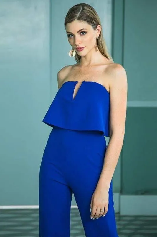Blue Sexy Off Shoulder Wide Leg Ruffle Strapless Jumpsuit