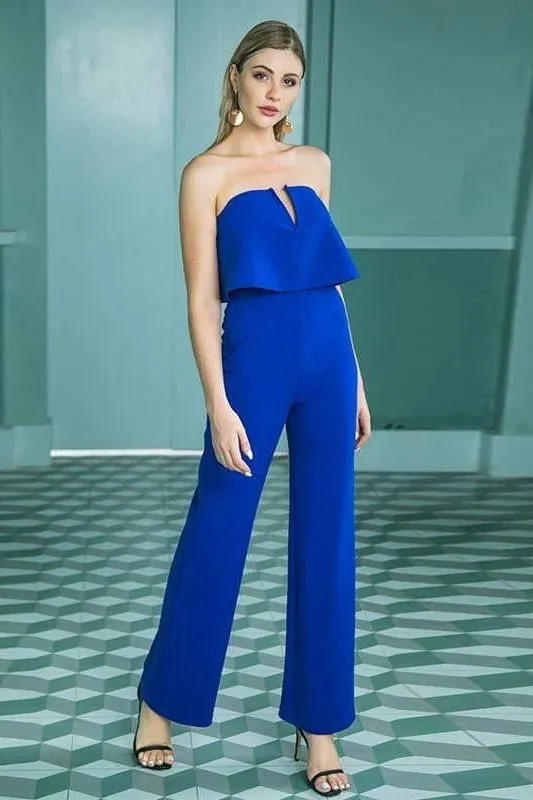 Blue Sexy Off Shoulder Wide Leg Ruffle Strapless Jumpsuit