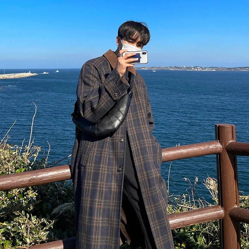 Bonsir Harajuku Men's Clothing Casual Loose Long Winter Woolen Jackets Cashmere Turn Down Collar Plaid Wool Blends Coats Men Y34