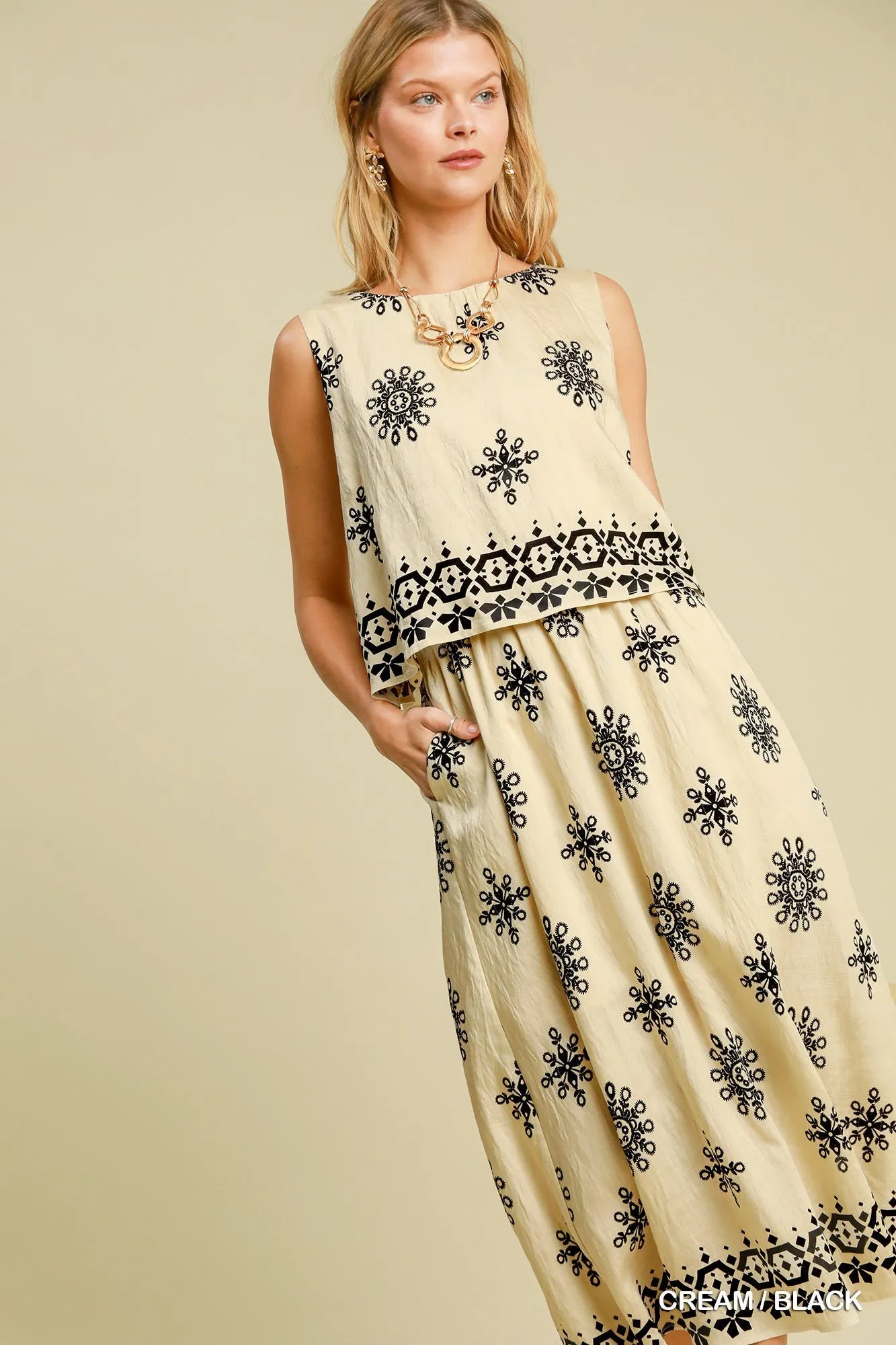 Borderprint Double Layered Midi Dress