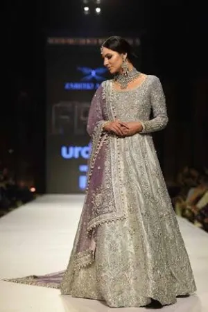 Bridal maxi  with zari dabka nagh and pearl work color lilac and gray silver M#B 100
