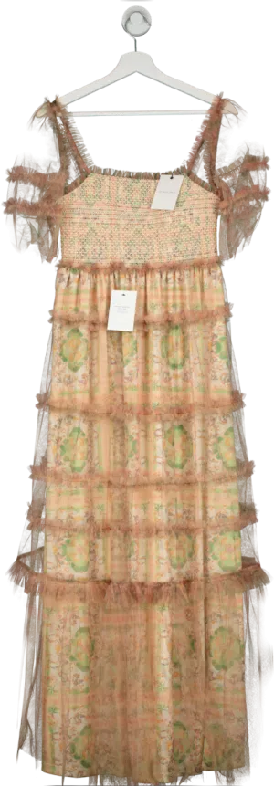 BY MALINA Pink Tulle Square Neck Shirred Bodice Maxi Dress UK S