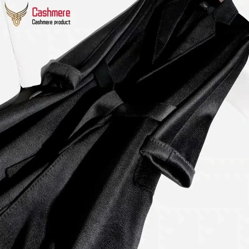 Cashmere Coat for Women – Winter Mid-Length Corrugated Design, Black & Beige