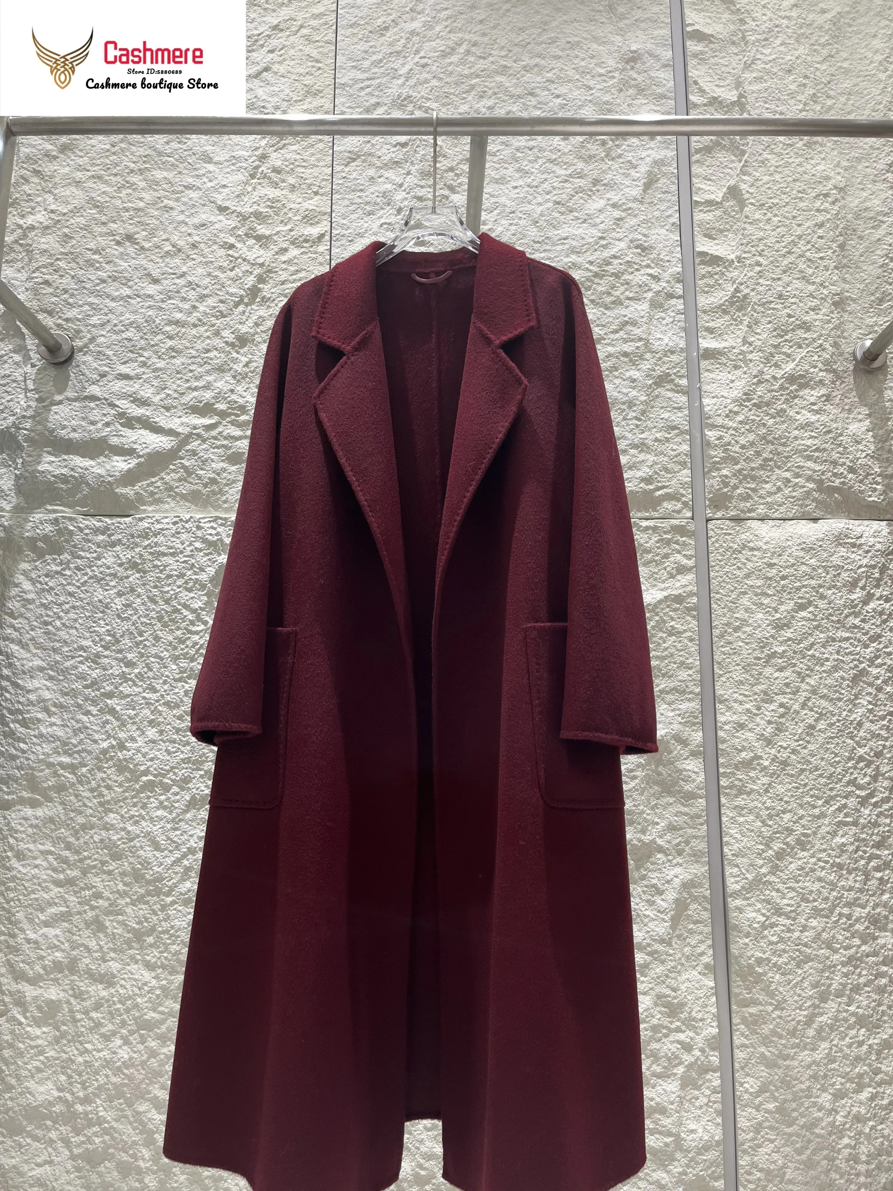 Cashmere Coat for Women – Winter Mid-Length Corrugated Design, Black & Beige