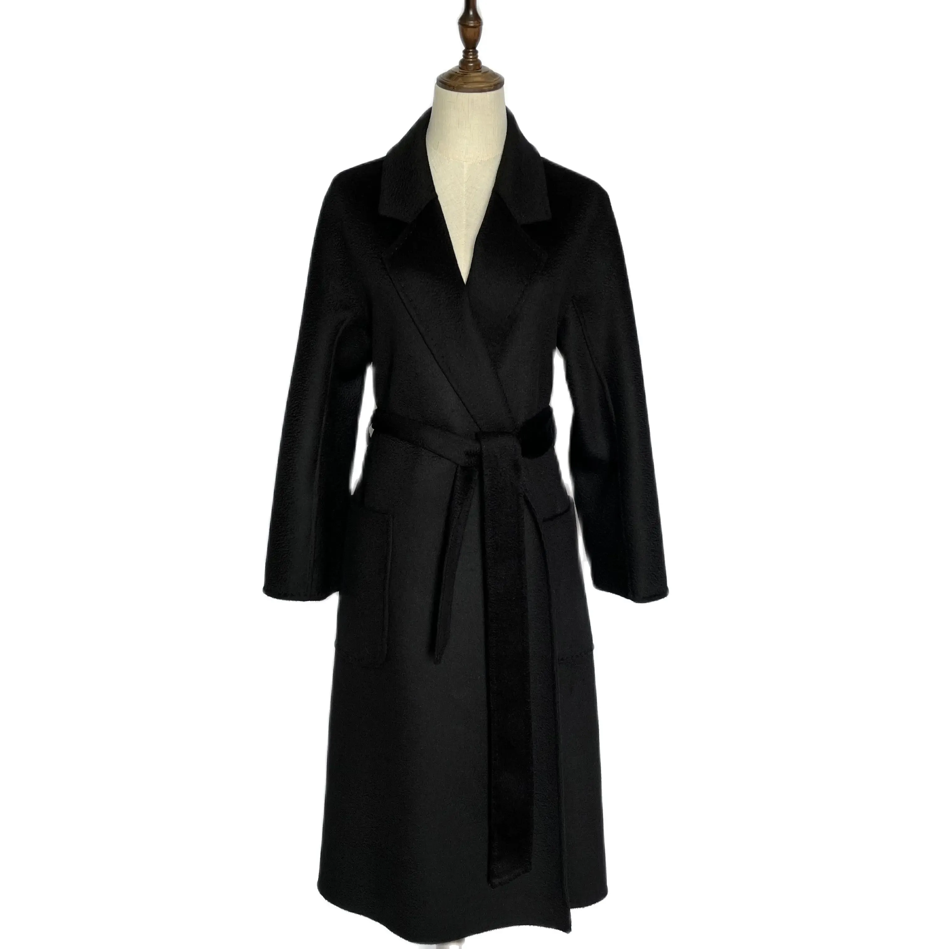 Cashmere Coat for Women – Winter Mid-Length Corrugated Design, Black & Beige