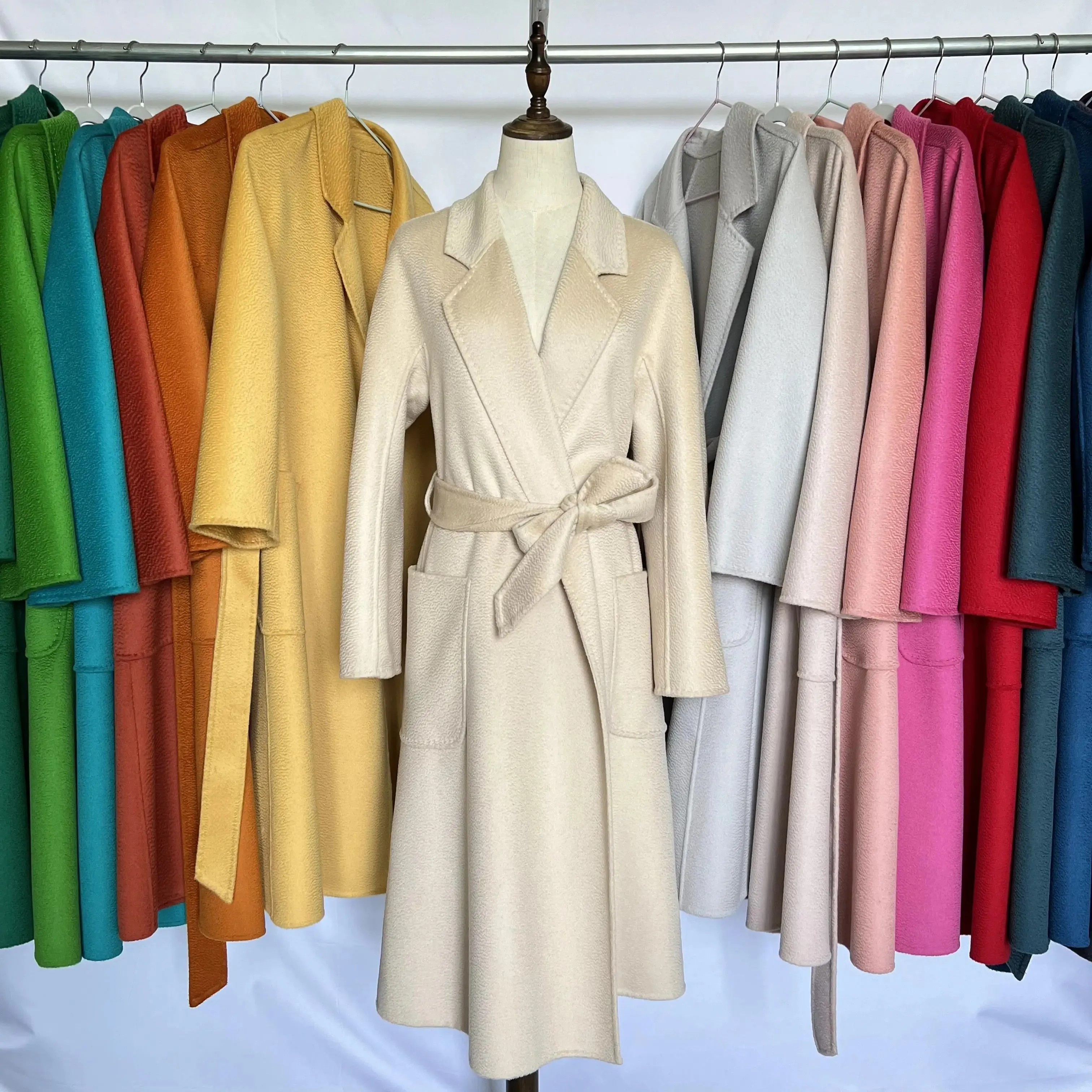 Cashmere Coat for Women – Winter Mid-Length Corrugated Design, Black & Beige