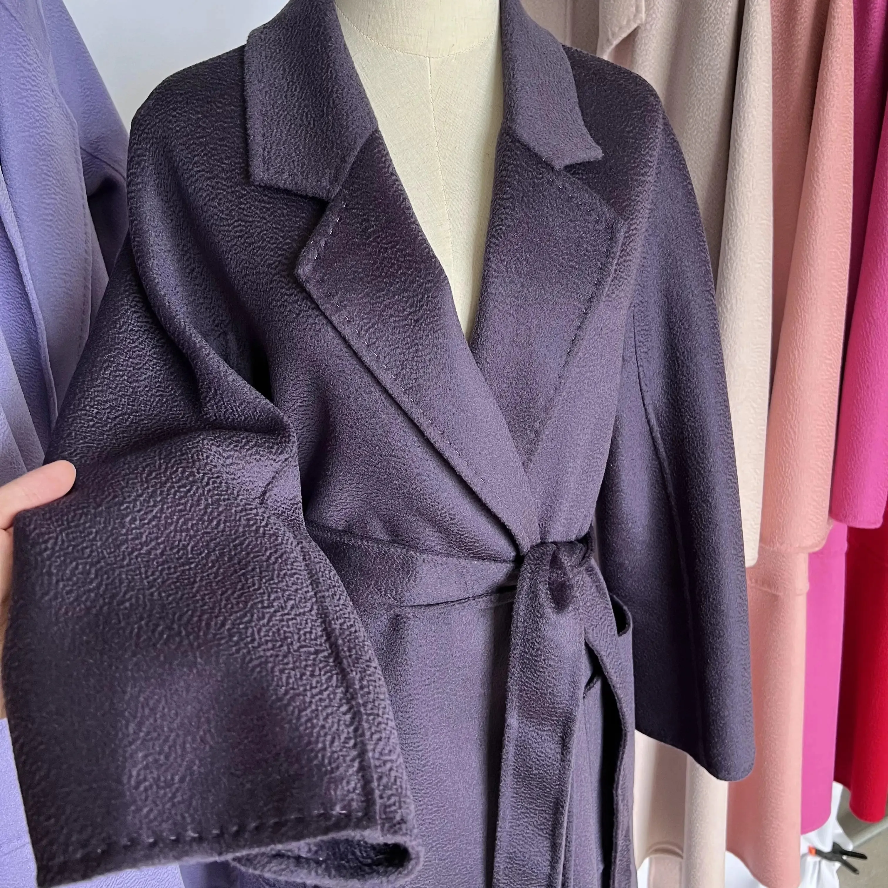 Cashmere Coat for Women – Winter Mid-Length Corrugated Design, Black & Beige