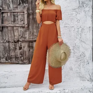 Casual Solid Color Short Sleeve Off-Shoulder Wide Leg Jumpsuit Wholesale Womens Clothing N3824072000205