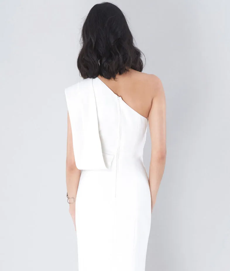 Charming One Shoulder White Mermaid Sexy Slit Bridesmaid Dress, D1387