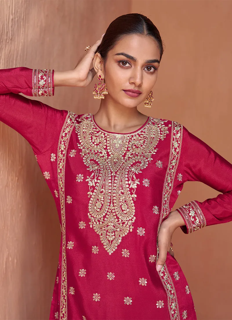 Cherry Red Reshamkari Embroidery Festive Palazzo Suit