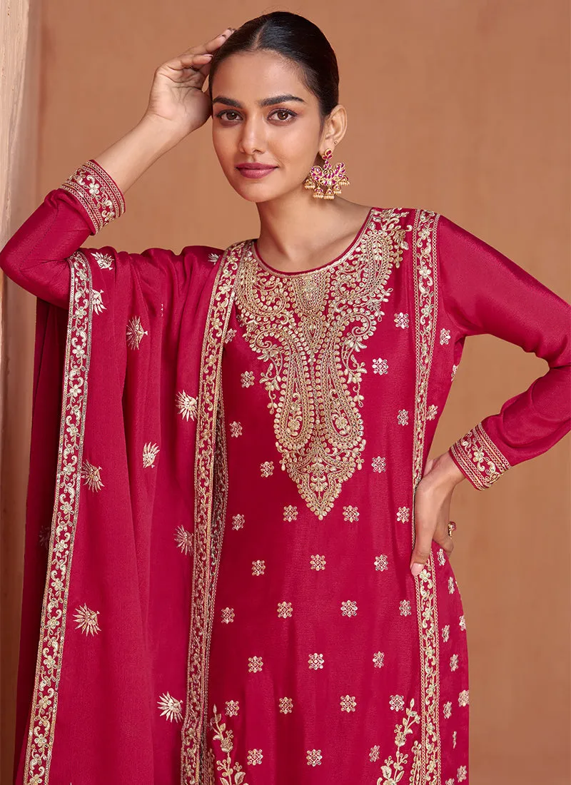 Cherry Red Reshamkari Embroidery Festive Palazzo Suit