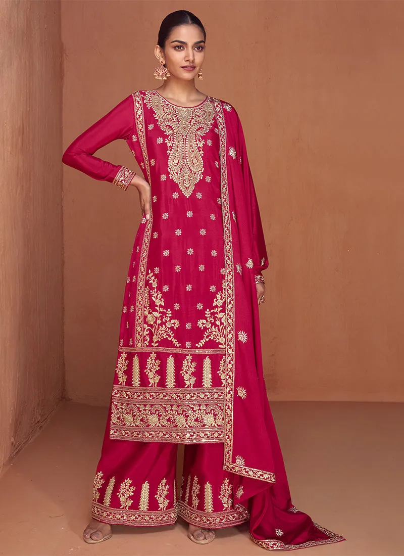 Cherry Red Reshamkari Embroidery Festive Palazzo Suit