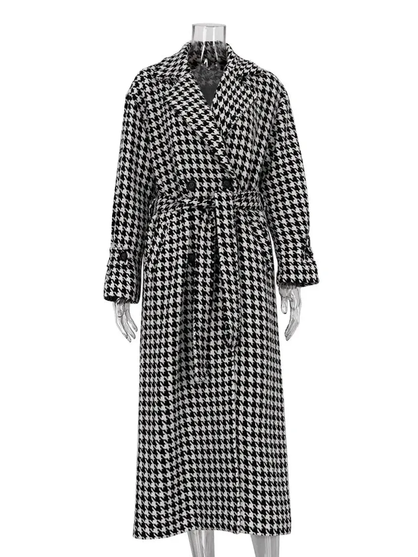 Clara Houndstooth Woolen Maxi Trench Coat