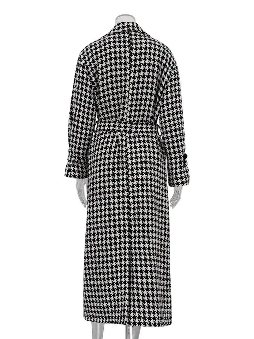 Clara Houndstooth Woolen Maxi Trench Coat