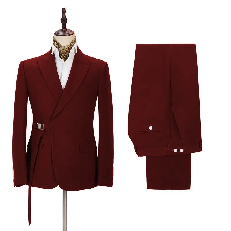 Classic Peak Lapel Buckle Button Formal Burgundy 2 Piece Men's Casual Suit Online