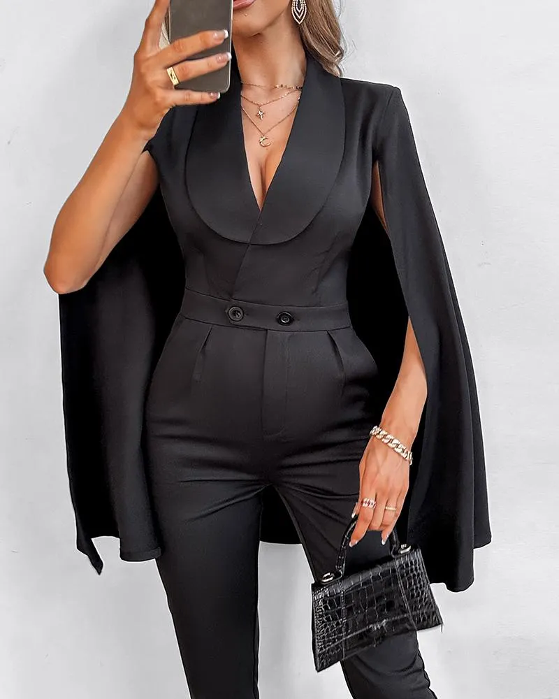 Cloak Sleeveless Buttoned Pocket Design Jumpsuit