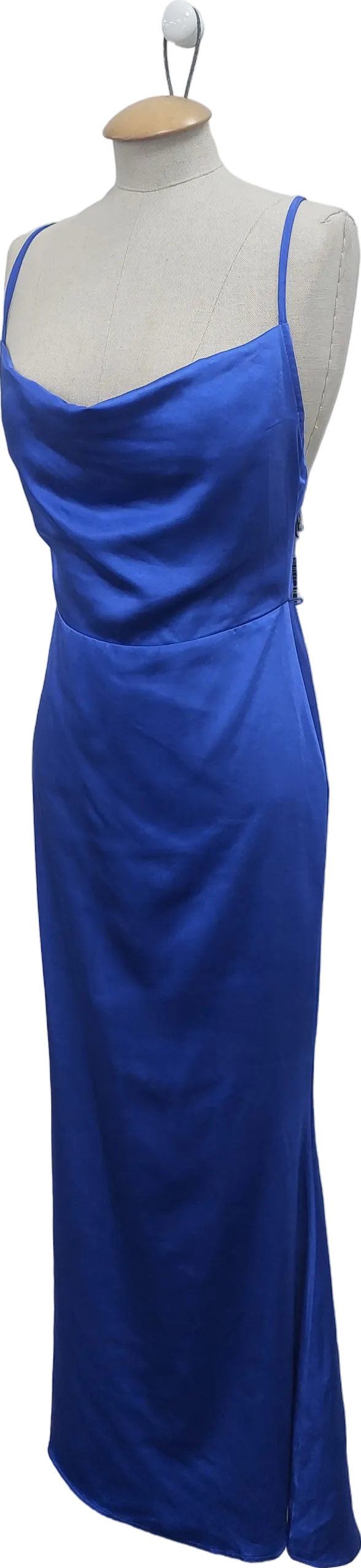 Club L Blue Satin Cowl Neck Maxi Dress With Cross Back UK 6