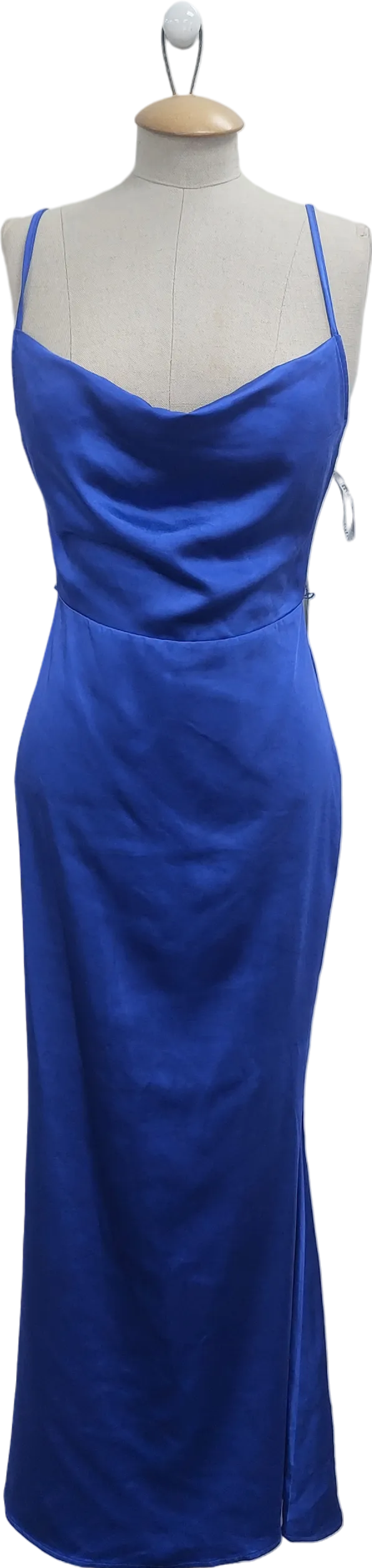 Club L Blue Satin Cowl Neck Maxi Dress With Cross Back UK 6