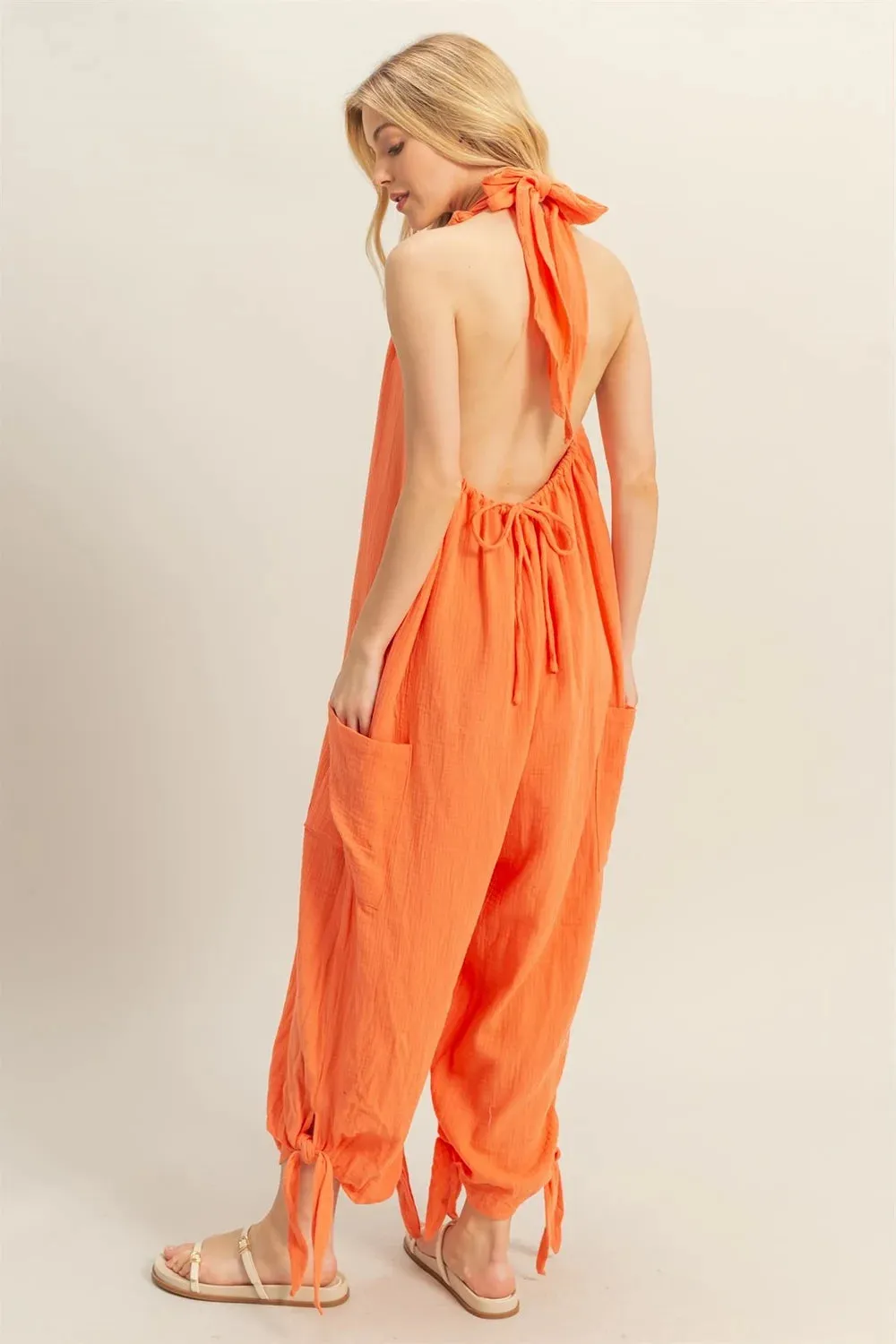 Cotton Halter Open Back With Drawstring Tie Wide Leg Loose Jumpsuit