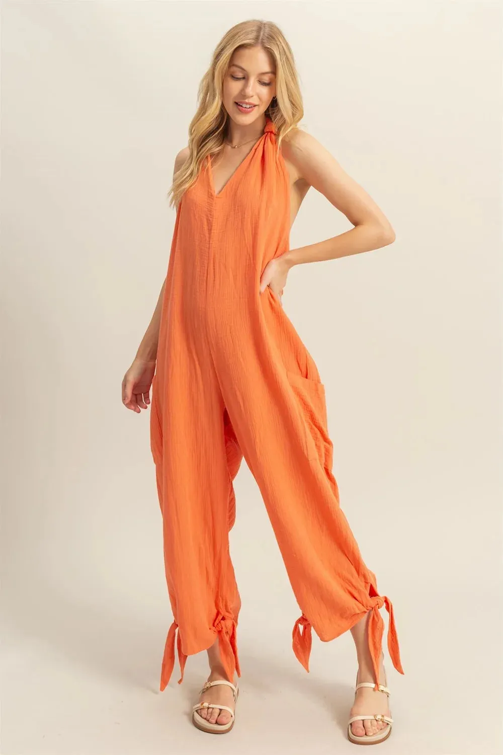 Cotton Halter Open Back With Drawstring Tie Wide Leg Loose Jumpsuit