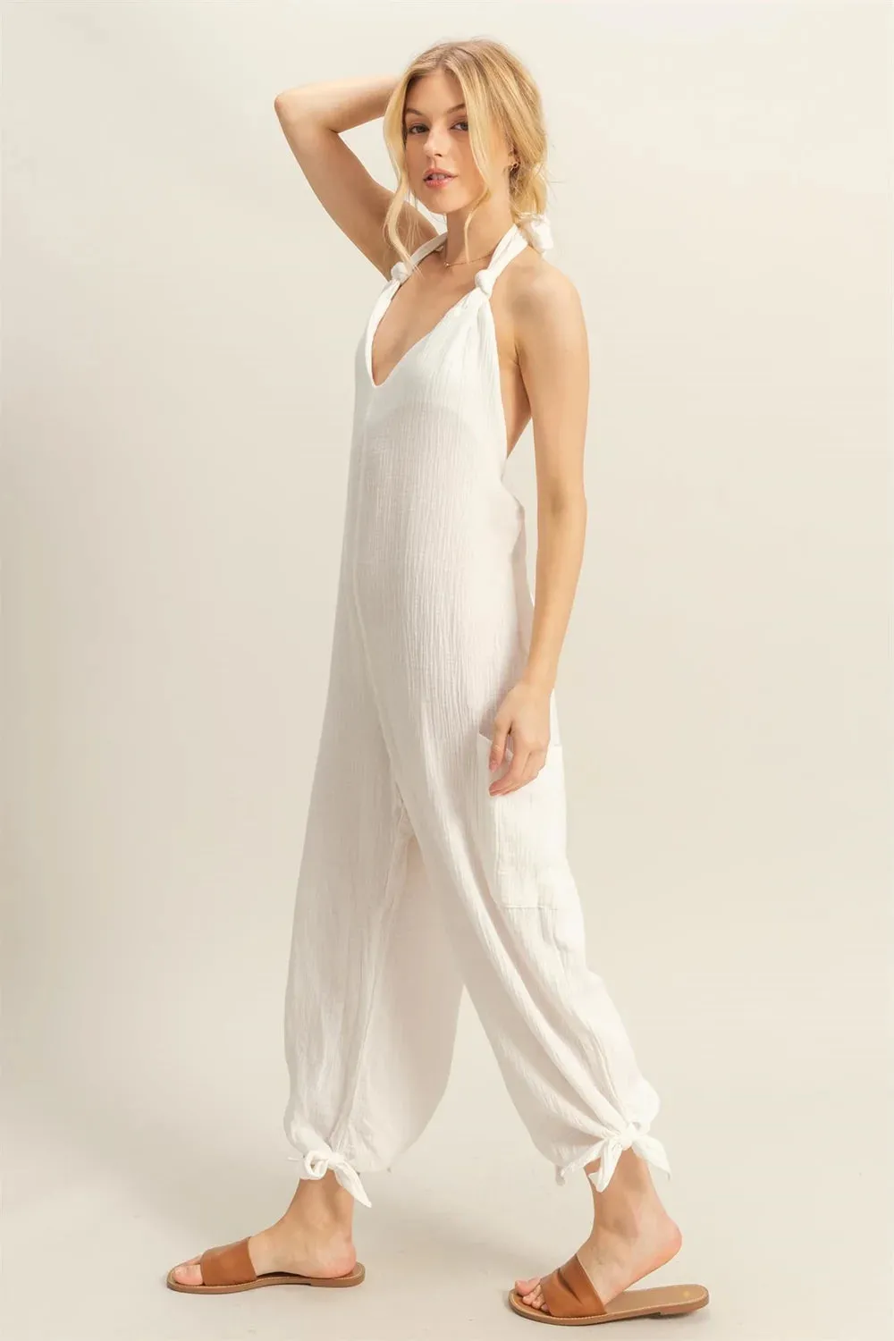 Cotton Halter Open Back With Drawstring Tie Wide Leg Loose Jumpsuit
