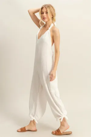 Cotton Halter Open Back With Drawstring Tie Wide Leg Loose Jumpsuit