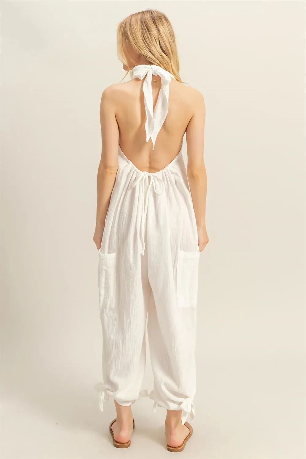 Cotton Halter Open Back With Drawstring Tie Wide Leg Loose Jumpsuit