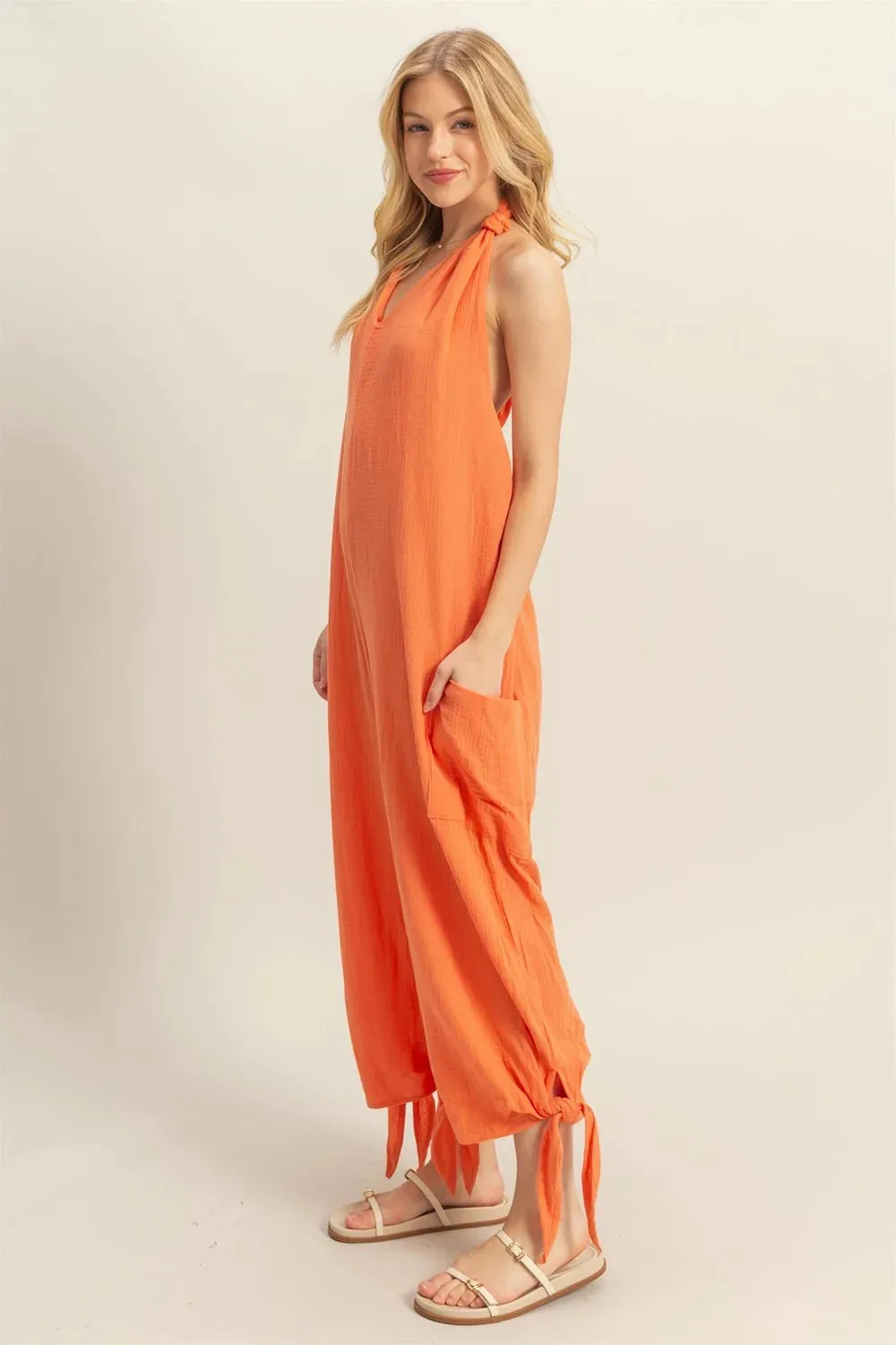 Cotton Halter Open Back With Drawstring Tie Wide Leg Loose Jumpsuit