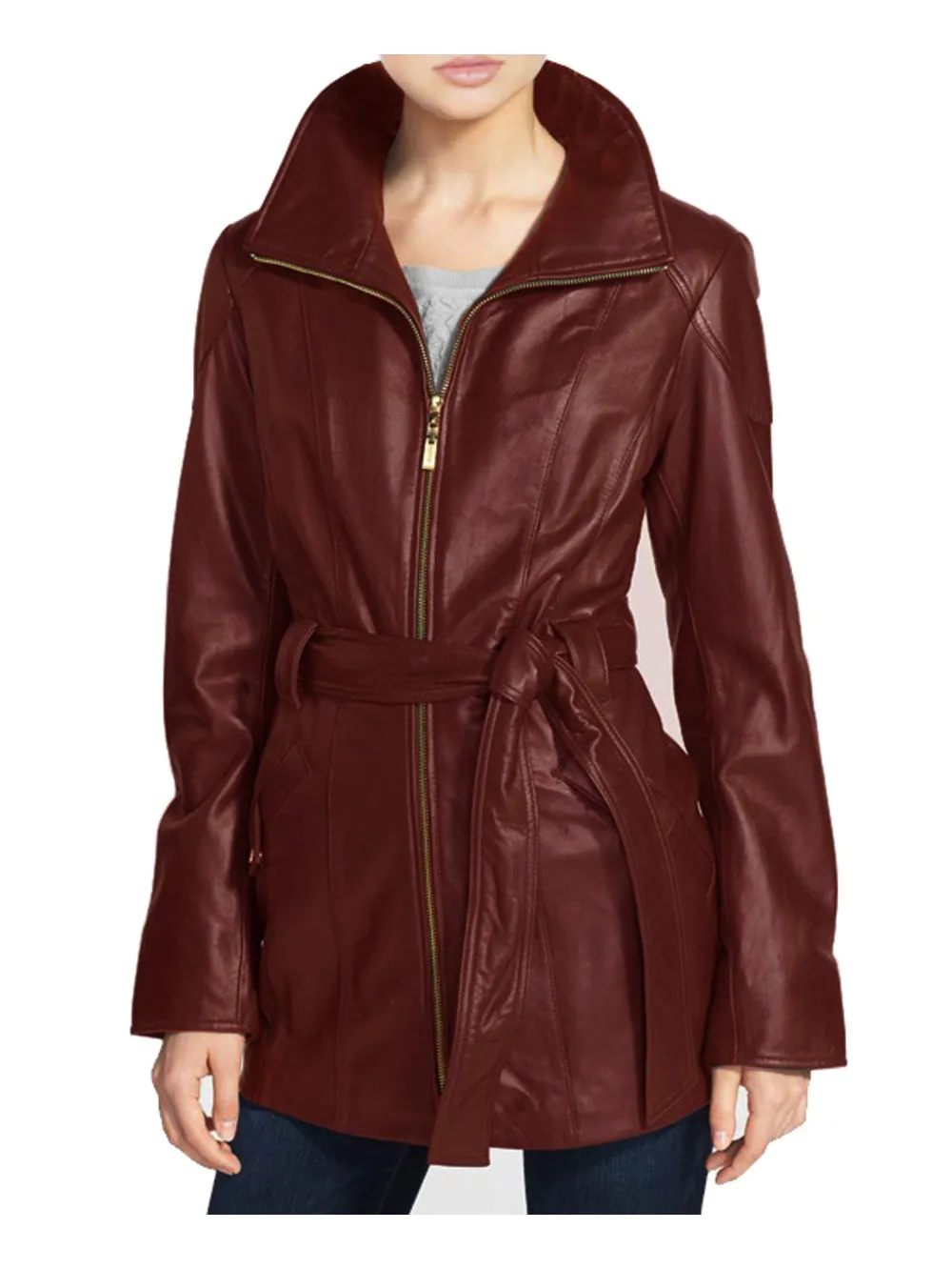 Cropped Belted Lambskin Leather Trench Coat for Women