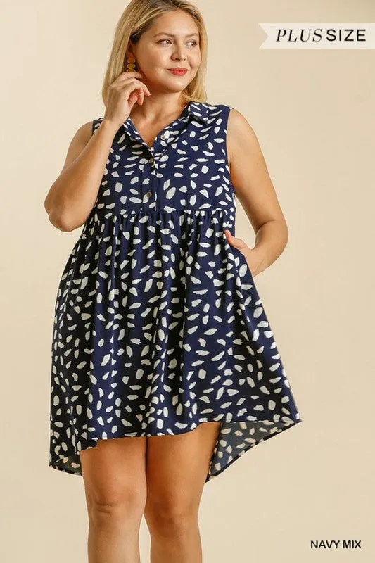 Dalmatian Sleeveless Button Down Collar Dress