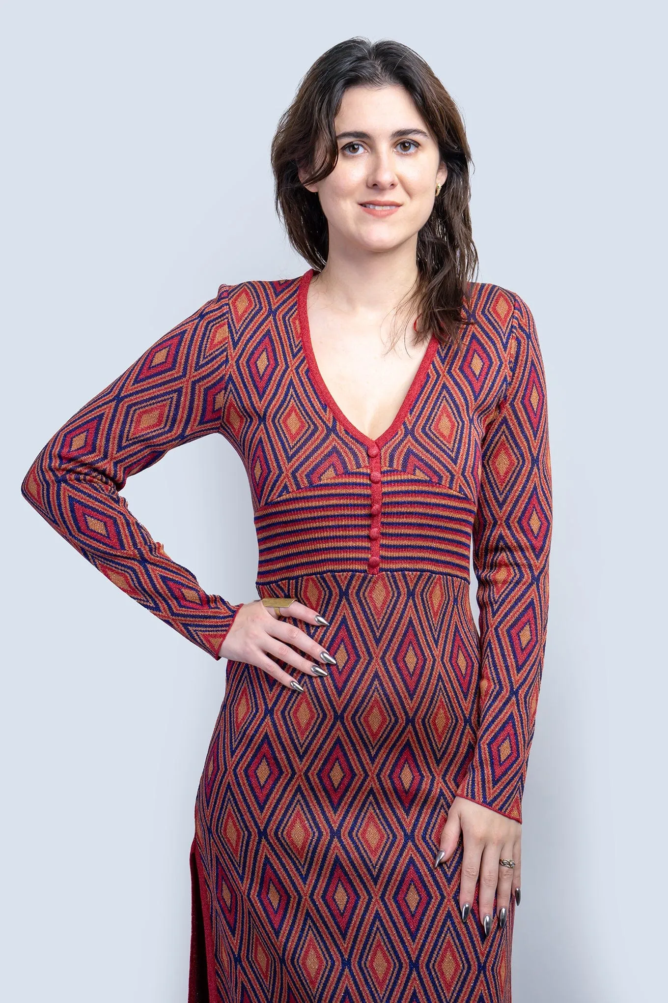 Deep Red Deco Print Knit Maxi Dress