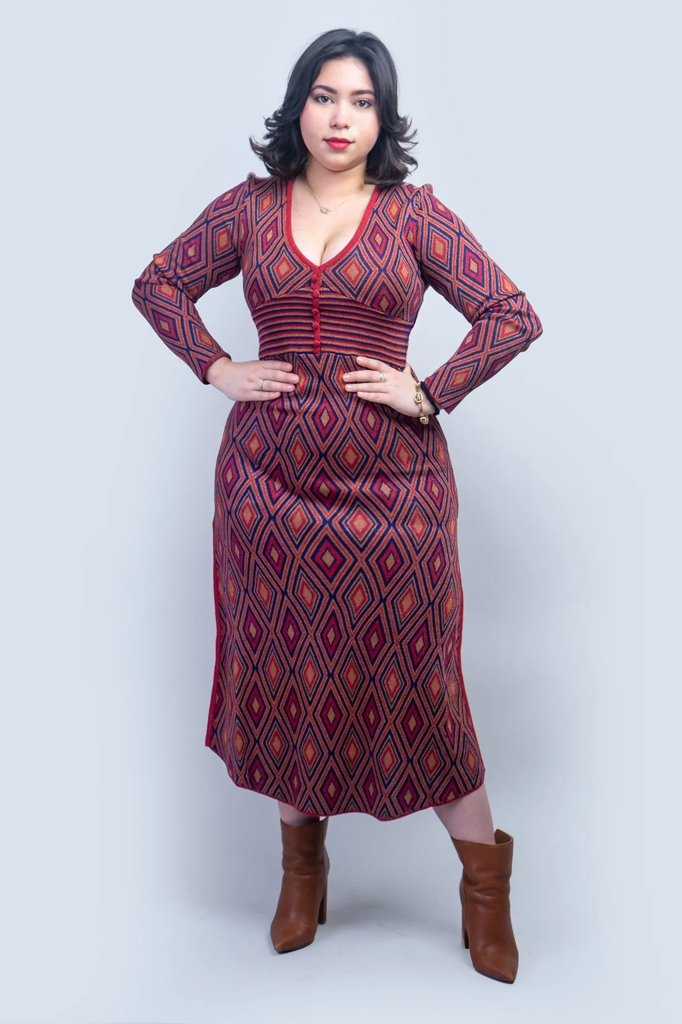 Deep Red Deco Print Knit Maxi Dress