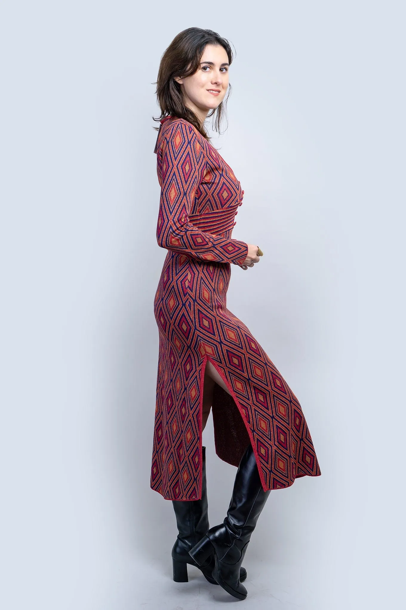 Deep Red Deco Print Knit Maxi Dress
