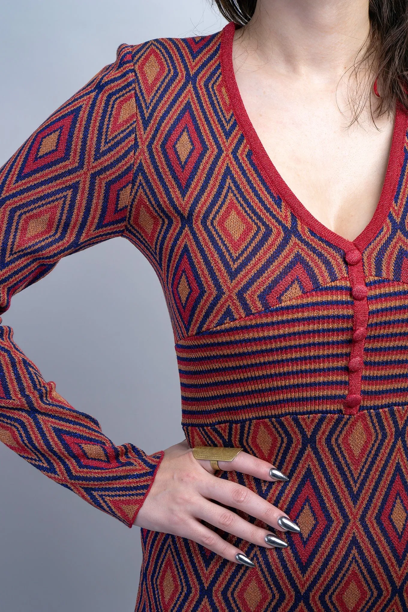 Deep Red Deco Print Knit Maxi Dress