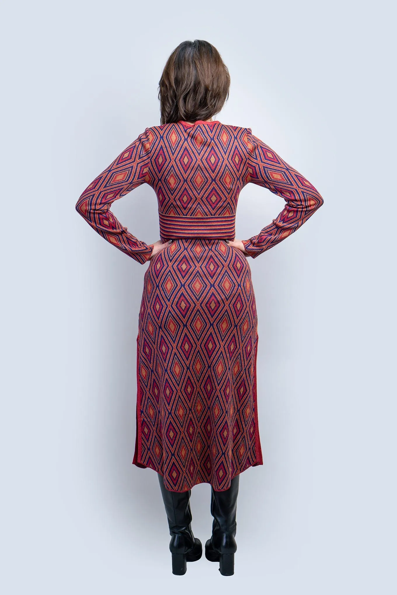 Deep Red Deco Print Knit Maxi Dress