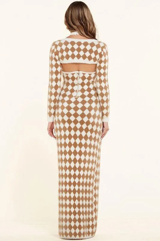 DIAMOND PATTERN SOFT FUR MAXI DRESS